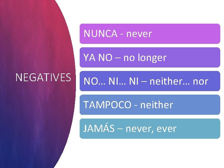 NUNCA - never YA NO – no longer NEGATIVES NO… NI – neither… nor NUNCA - never YA NO – no longer NEGATIVES NO… NI – neither… nor