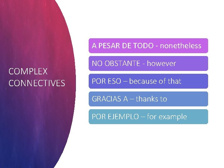 A PESAR DE TODO - nonetheless COMPLEX CONNECTIVES NO OBSTANTE - however POR ESO A PESAR DE TODO - nonetheless COMPLEX CONNECTIVES NO OBSTANTE - however POR ESO