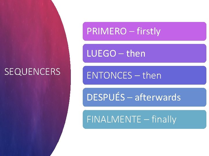 PRIMERO – firstly LUEGO – then SEQUENCERS ENTONCES – then DESPUÉS – afterwards FINALMENTE PRIMERO – firstly LUEGO – then SEQUENCERS ENTONCES – then DESPUÉS – afterwards FINALMENTE