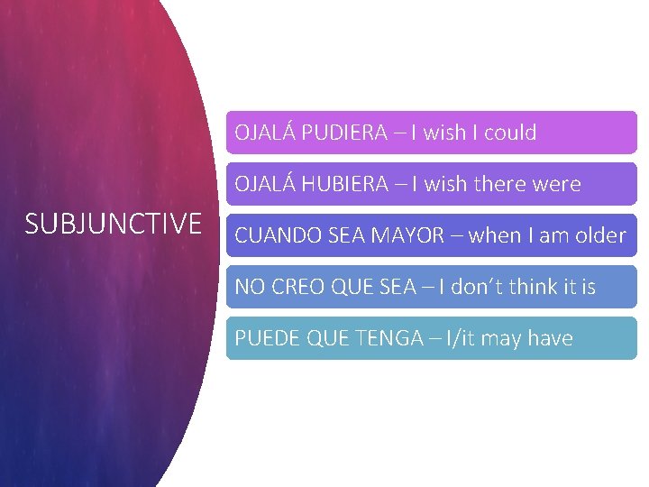OJALÁ PUDIERA – I wish I could OJALÁ HUBIERA – I wish there were OJALÁ PUDIERA – I wish I could OJALÁ HUBIERA – I wish there were