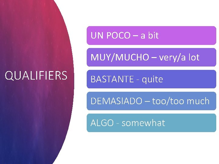 UN POCO – a bit MUY/MUCHO – very/a lot QUALIFIERS BASTANTE - quite DEMASIADO UN POCO – a bit MUY/MUCHO – very/a lot QUALIFIERS BASTANTE - quite DEMASIADO