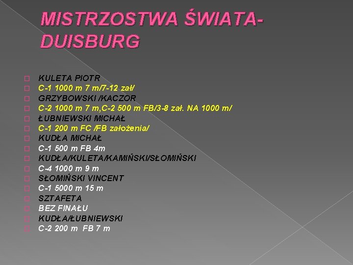 MISTRZOSTWA ŚWIATADUISBURG � � � � KULETA PIOTR C-1 1000 m 7 m/7 -12