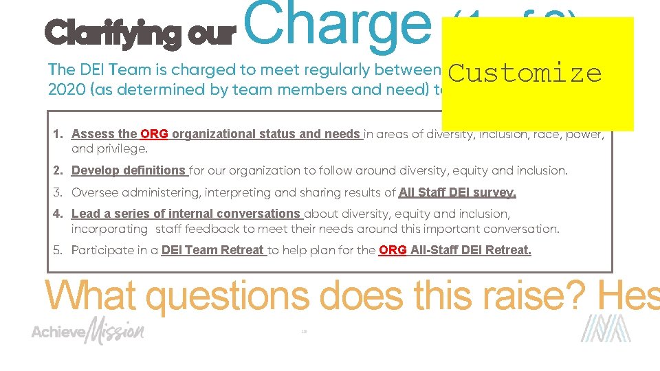 Clarifying our Charge (1 of 2) Customize The DEI Team is charged to meet