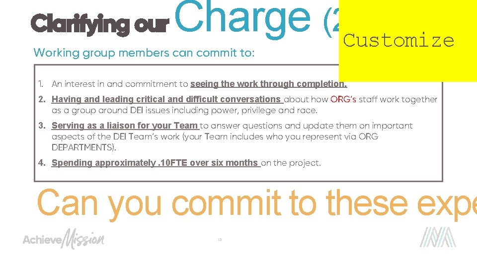 Clarifying our Charge (2 Customize of 2) Working group members can commit to: 1.