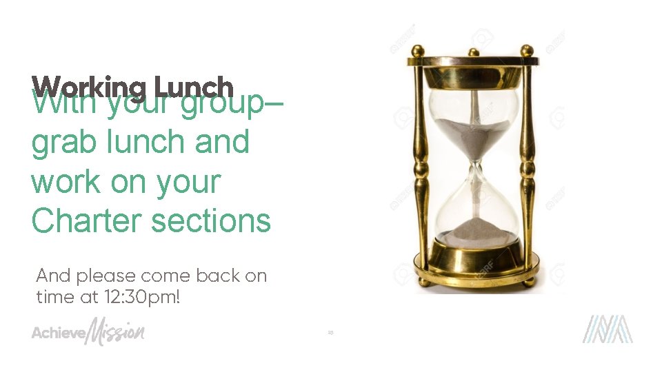 Working Lunch With your group– grab lunch and work on your Charter sections And