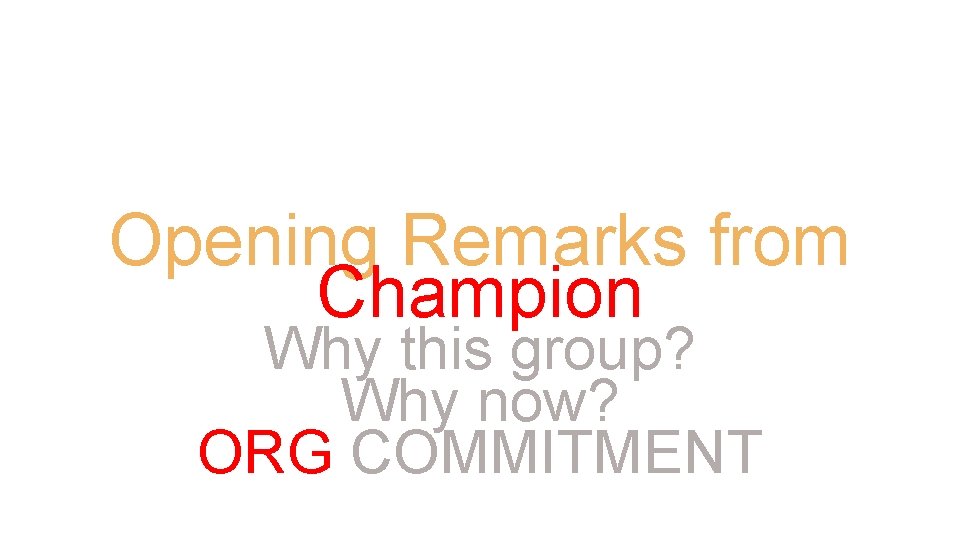 Opening Remarks from Champion Why this group? Why now? ORG COMMITMENT 