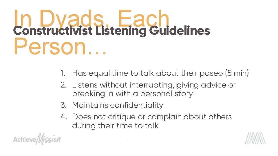 In Dyads, Each Constructivist Listening Guidelines Person… 1. Has equal time to talk about