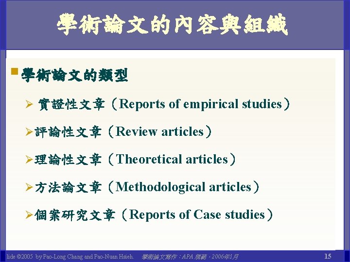 學術論文的內容與組織 §學術論文的類型 Ø 實證性文章（Reports of empirical studies） Ø評論性文章（Review articles） Ø理論性文章（Theoretical articles） Ø方法論文章（Methodological articles） Ø個案研究文章（Reports