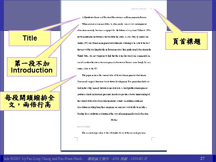 Title 頁首標題 第一段不加 Introduction 每段開頭縮排全 文，兩倍行高 Slide © 2005 by Pao-Long Chang and Pao-Nuan