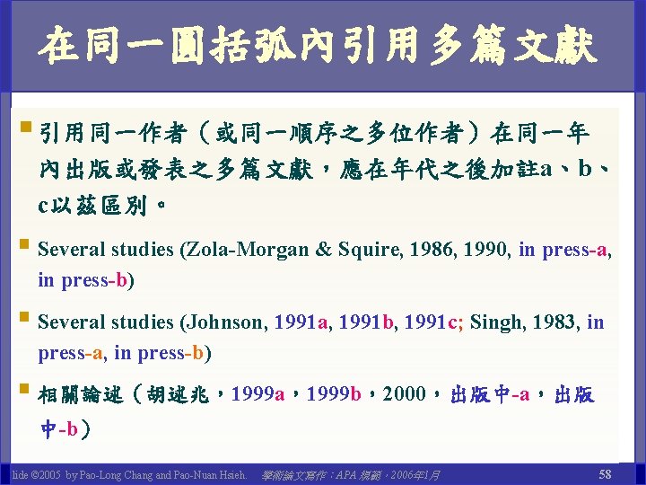 在同一圓括弧內引用多篇文獻 § 引用同一作者（或同一順序之多位作者）在同一年 內出版或發表之多篇文獻，應在年代之後加註a、b、 c以茲區別。 § Several studies (Zola-Morgan & Squire, 1986, 1990, in