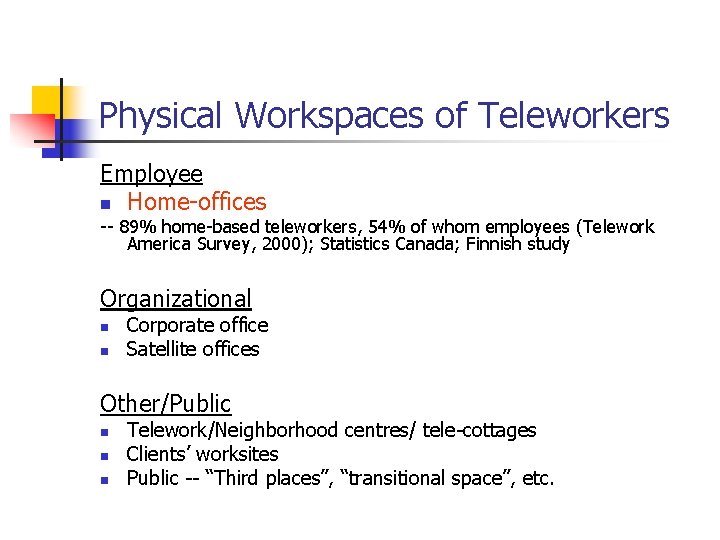 Physical Workspaces of Teleworkers Employee n Home-offices -- 89% home-based teleworkers, 54% of whom