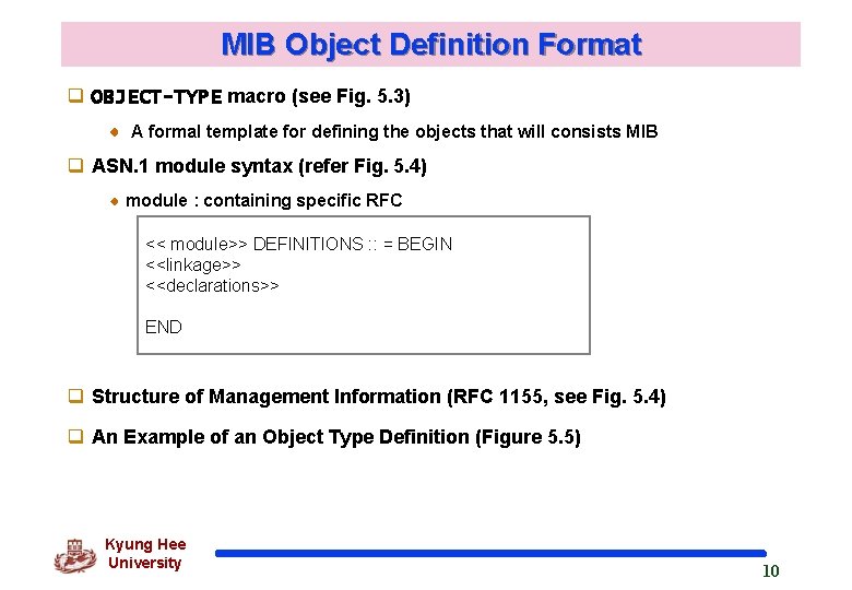 MIB Object Definition Format q OBJECT-TYPE macro (see Fig. 5. 3) A formal template