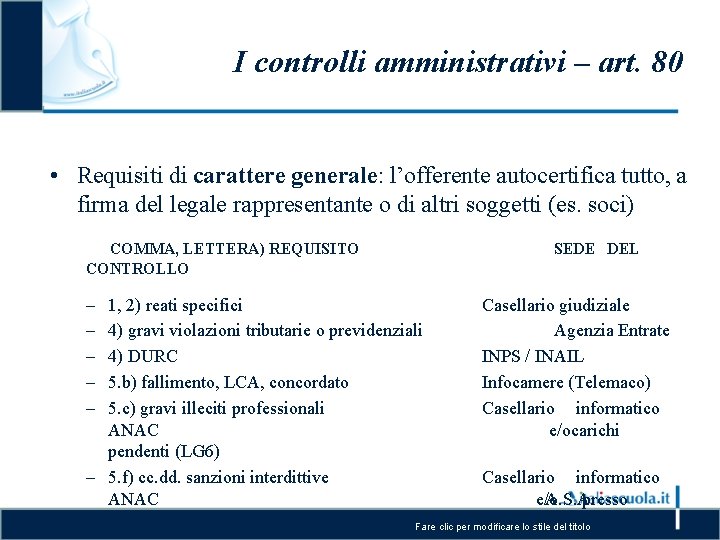 I controlli amministrativi – art. 80 • Requisiti di carattere generale: l’offerente autocertifica tutto,