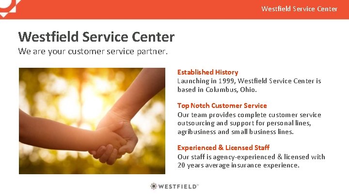 Westfield Service Center We are your customer service partner. Established History Launching in 1999,