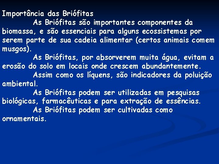 Importância das Briófitas As Briófitas são importantes componentes da biomassa, e são essenciais para