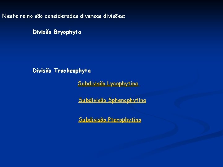 Neste reino são consideradas diversas divisões: Divisão Bryophyta Divisão Tracheophyta Subdivisão Lycophytina Subdivisão Sphenophytina