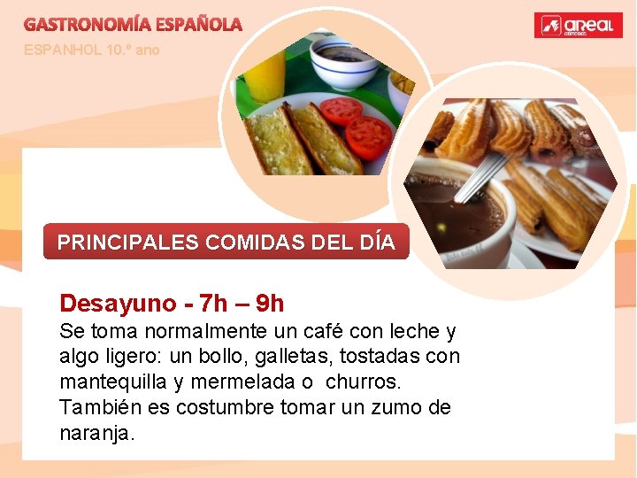 GASTRONOMÍA ESPAÑOLA ESPANHOL 10. º ano PRINCIPALES COMIDAS DEL DÍA Desayuno - 7 h GASTRONOMÍA ESPAÑOLA ESPANHOL 10. º ano PRINCIPALES COMIDAS DEL DÍA Desayuno - 7 h
