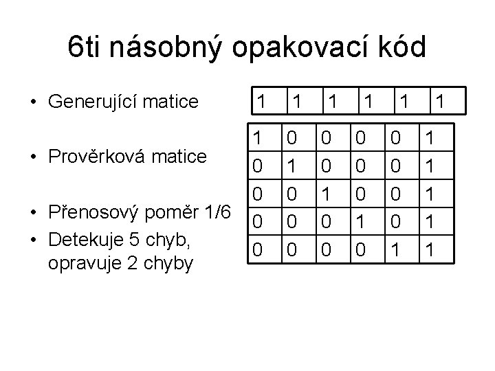 6 ti násobný opakovací kód • Generující matice • Prověrková matice • Přenosový poměr