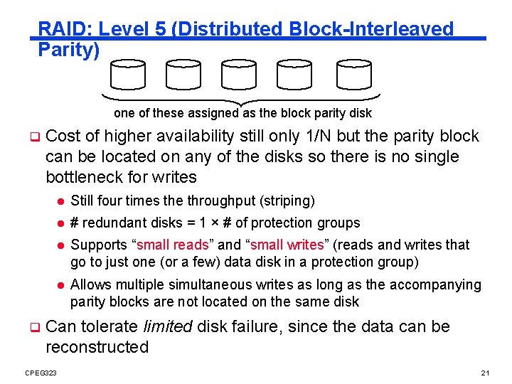 RAID: Level 5 (Distributed Block-Interleaved Parity) one of these assigned as the block parity