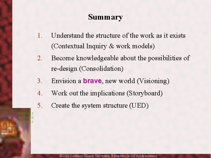 Summary 1. Understand the structure of the work as it exists (Contextual Inquiry &