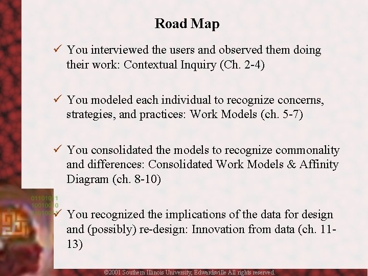 Road Map ü You interviewed the users and observed them doing their work: Contextual