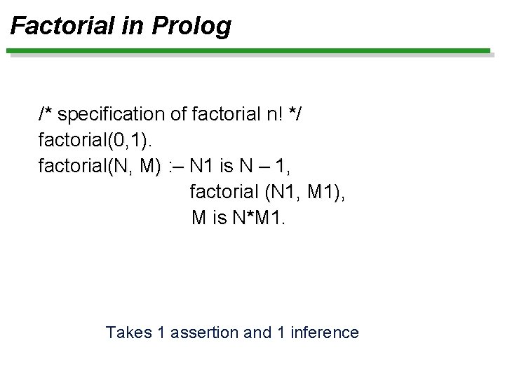 Factorial in Prolog /* specification of factorial n! */ factorial(0, 1). factorial(N, M) :