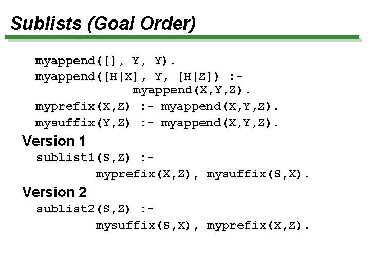 Sublists (Goal Order) myappend([], Y, Y). myappend([H|X], Y, [H|Z]) : myappend(X, Y, Z). myprefix(X,