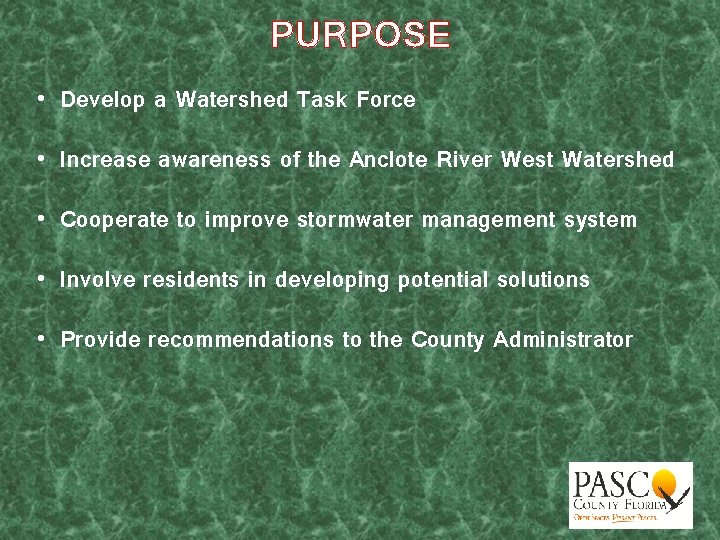 PURPOSE • Develop a Watershed Task Force • Increase awareness of the Anclote River
