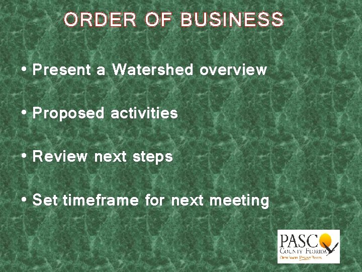 ORDER OF BUSINESS • Present a Watershed overview • Proposed activities • Review next