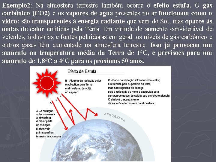 Exemplo 2: Na atmosfera terrestre também ocorre o efeito estufa. O gás carbônico (CO Exemplo 2: Na atmosfera terrestre também ocorre o efeito estufa. O gás carbônico (CO