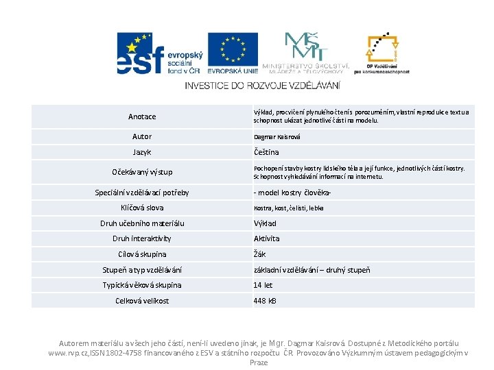 Anotace Výklad, procvičení plynulého čtení s porozuměním, vlastní reprodukce textu a schopnost ukázat jednotlivé