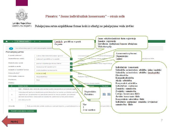 Piemērs: “Jauns individuālais komersants” – otrais solis Pakalpojuma satura aizpildīšanas formas lauki ir atkarīgi