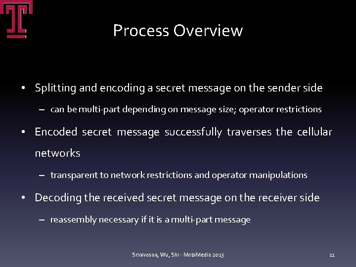 Process Overview • Splitting and encoding a secret message on the sender side – Process Overview • Splitting and encoding a secret message on the sender side –