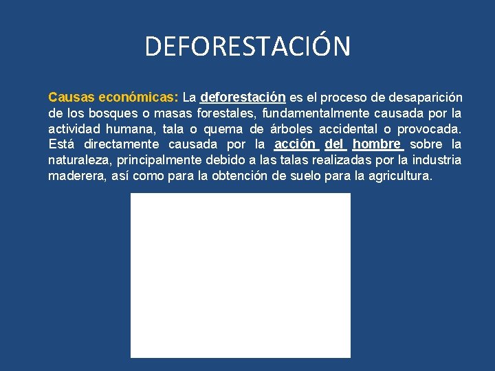 DEFORESTACIÓN Causas económicas: La deforestación es el proceso de desaparición de los bosques o