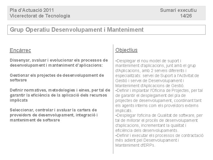 Pla d’Actuació 2011 Vicerectorat de Tecnologia Sumari executiu 14/26 Grup Operatiu Desenvolupament i Manteniment