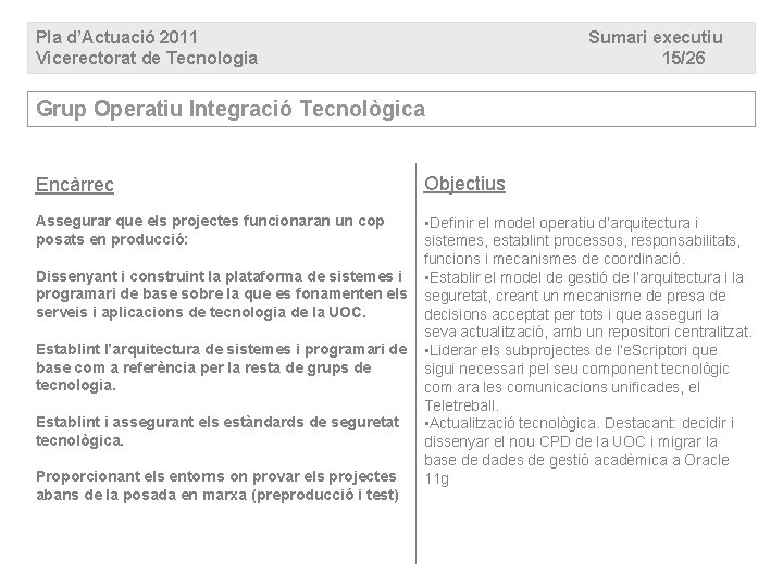 Pla d’Actuació 2011 Vicerectorat de Tecnologia Sumari executiu 15/26 Grup Operatiu Integració Tecnològica Encàrrec