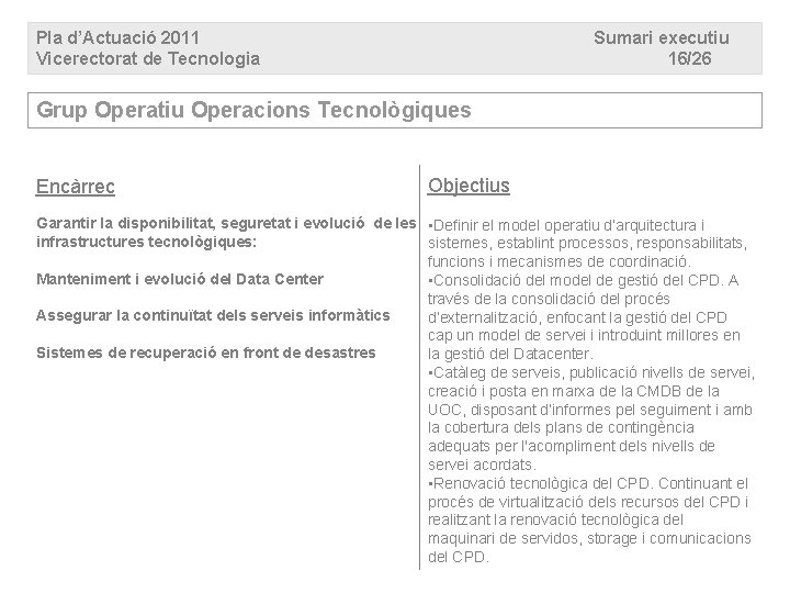 Pla d’Actuació 2011 Vicerectorat de Tecnologia Sumari executiu 16/26 Grup Operatiu Operacions Tecnològiques Encàrrec Pla d’Actuació 2011 Vicerectorat de Tecnologia Sumari executiu 16/26 Grup Operatiu Operacions Tecnològiques Encàrrec