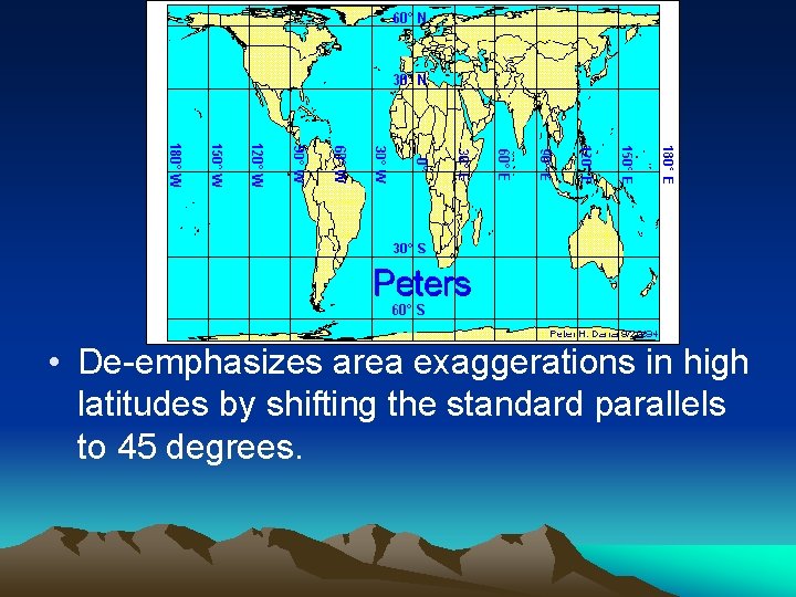  • De-emphasizes area exaggerations in high latitudes by shifting the standard parallels to