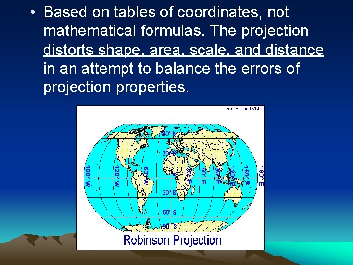 • Based on tables of coordinates, not mathematical formulas. The projection distorts shape,