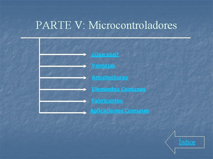 PARTE V: Microcontroladores ¿Que son? Ventajas Arquitecturas Elementos Comunes Fabricantes Aplicaciones Comunes Índice 