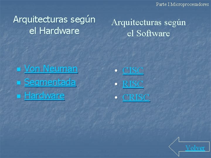 Parte I Microprocesadores Arquitecturas según el Hardware n n n Von Neuman Segmentada Hardware