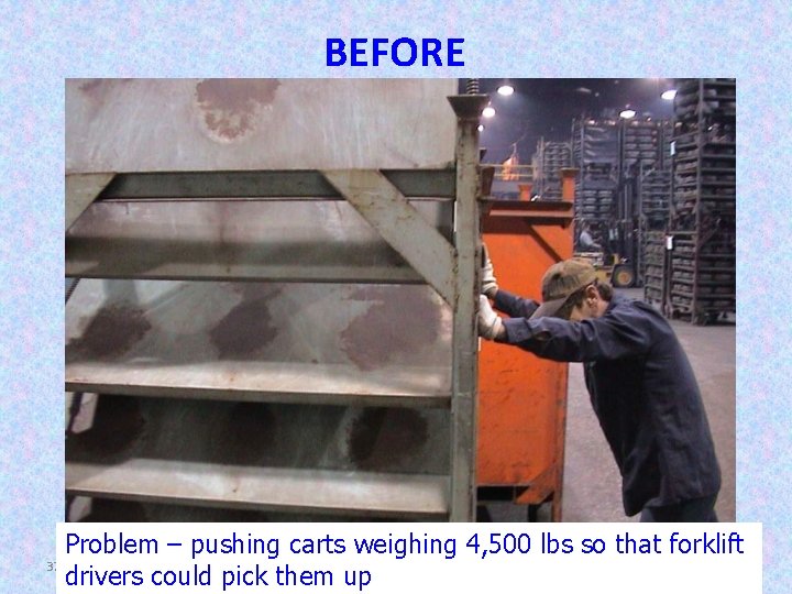BEFORE Problem – pushing carts weighing 4, 500 lbs so that forklift 37 drivers