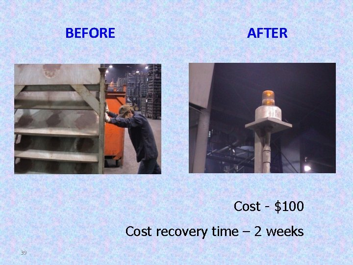BEFORE AFTER Cost - $100 Cost recovery time – 2 weeks 39 