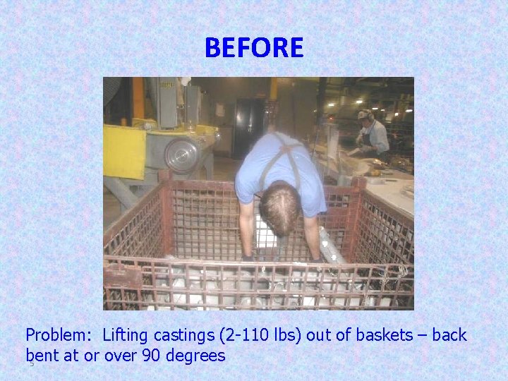 BEFORE Problem: Lifting castings (2 -110 lbs) out of baskets – back bent at