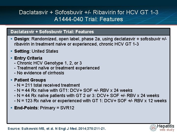 Daclatasvir + Sofosbuvir +/- Ribavirin for HCV GT 1 -3 A 1444 -040 Trial: Daclatasvir + Sofosbuvir +/- Ribavirin for HCV GT 1 -3 A 1444 -040 Trial: