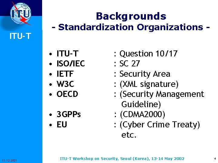 Backgrounds ITU-T - Standardization Organizations - • • • ITU-T ISO/IEC IETF W 3