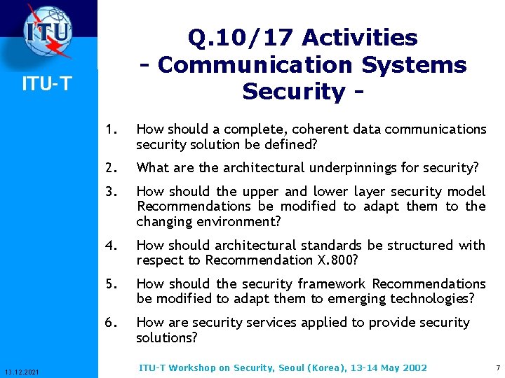 Q. 10/17 Activities - Communication Systems Security - ITU-T 13. 12. 2021 1. How