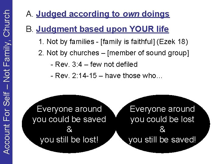 Account For Self – Not Family, Church A. Judged according to own doings B.