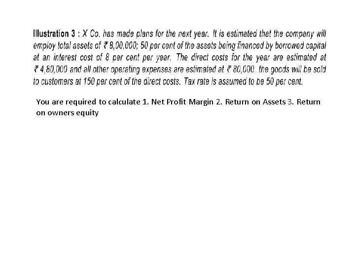 You are required to calculate 1. Net Profit Margin 2. Return on Assets 3.