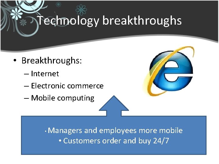 Technology breakthroughs • Breakthroughs: – Internet – Electronic commerce – Mobile computing • Managers